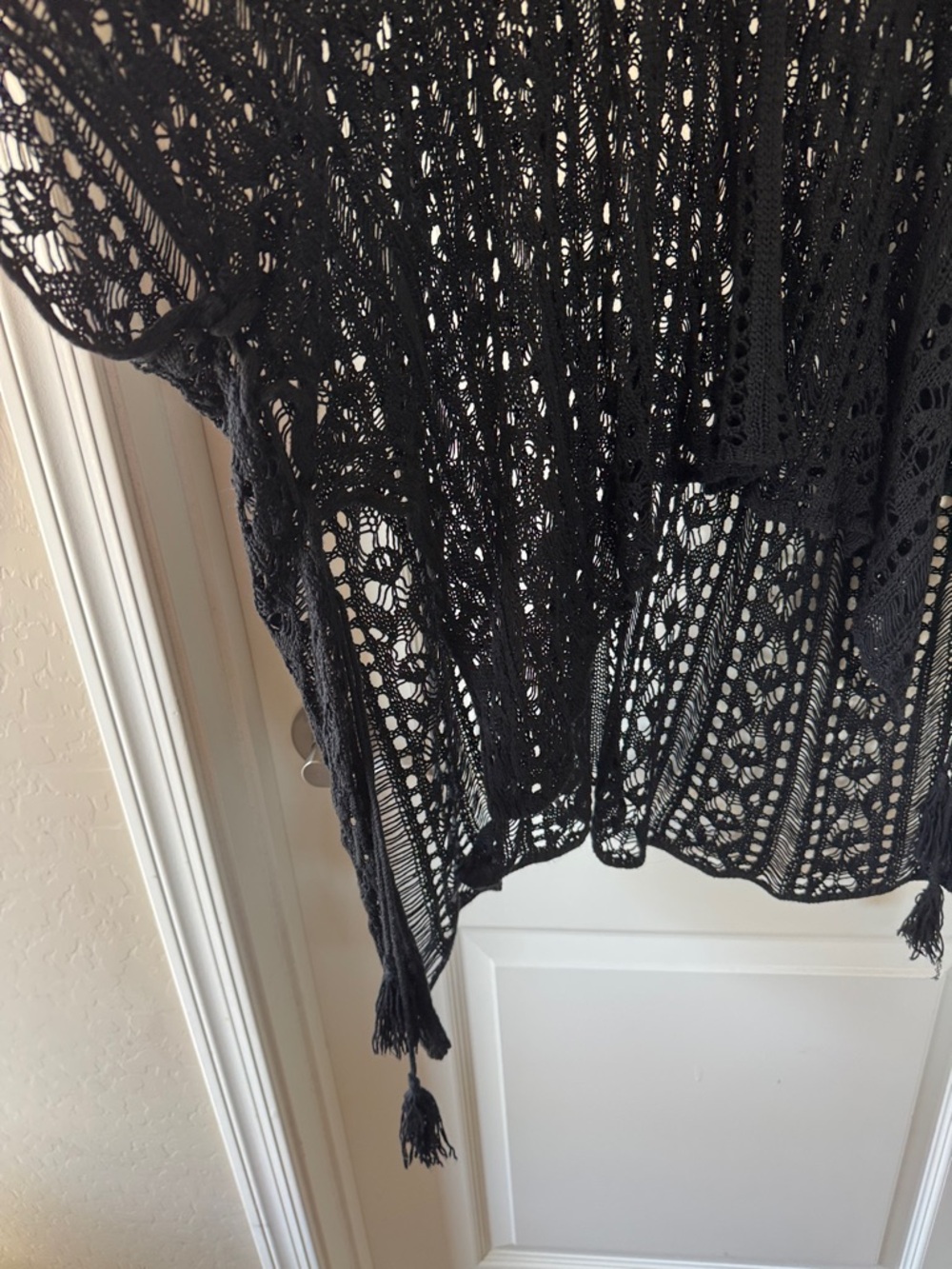 Black Crochet Kimono Cover-Up with Tassels / AA72 - Picture 3 of 4